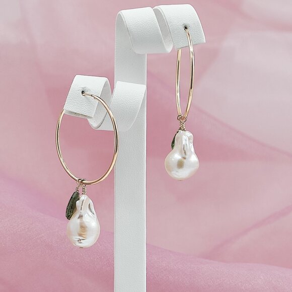 Baroque Pearl & Green Tourmaline Hoop Earrings, 14K Gold Filled Thin Hoops - Picture 1 of 11